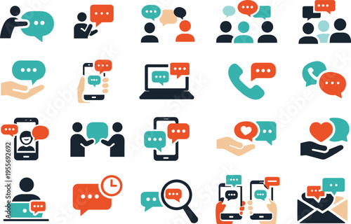 Colorful communication and conversation icons set featuring speech bubbles people and digital devices for messaging and social interaction