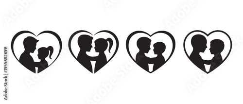Family and Couple Silhouettes Embracing within Hearts, Representing Love and Bonding, flat design vector illustration.