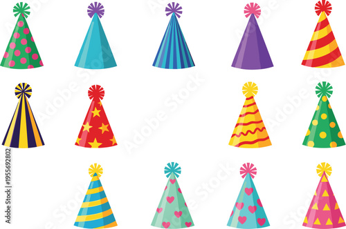 Colorful party hats collection with striped polka dot and pattern designs festive celebration cone caps vector illustration set