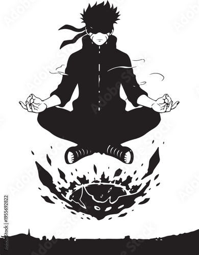 Vector illustration of a meditating anime character with explosive effect