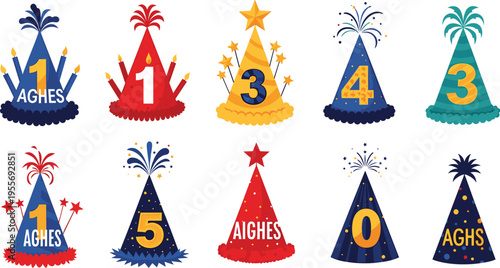 Birthday party hats collection with numbers candles and fireworks celebration festive cone caps vector illustration set