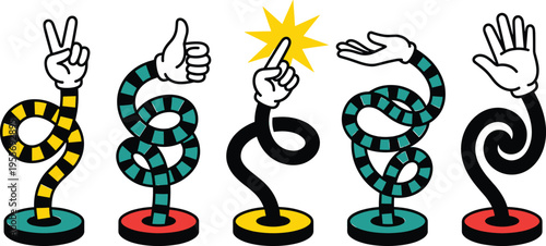 Colorful whimsical hand sculptures with expressive gestures and playful snakelike arms isolated illustration