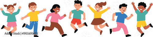 Happy diverse group of children running and playing joyfully together in colorful clothes and smiling faces showing energy and friendship