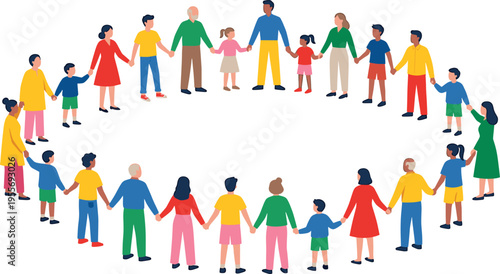 Diverse group of people holding hands in a large circle representing unity community and togetherness with families and children