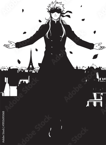 Vector illustration of blindfolded man in cityscape