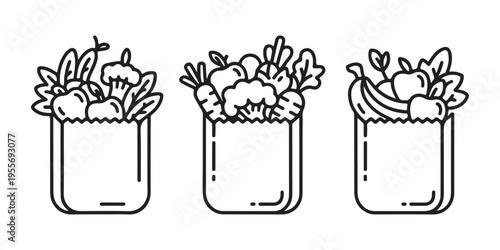 Collection of Fresh Fruits and Vegetables in Paper Shopping Bags - Healthy Grocery Flat Design Vector Illustration.