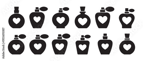 Collection of Perfume and Fragrance Bottles with Heart Outlines in Elegant Minimalist Flat Design Vector Illustration.
