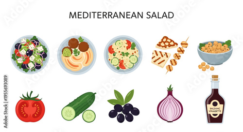 Mediterranean salad ingredients and dishes.