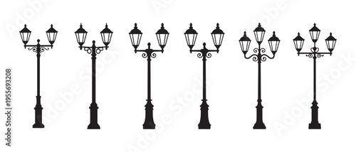 Collection of classic ornate street lamps with multiple lanterns, black silhouette flat design vector illustration.