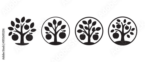 Collection of minimalist apple tree icons. with fruit and leaves in circular frames, flat design vector illustration.