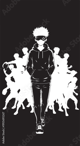 Vector illustration of solo figure with sunglasses and crowd of people