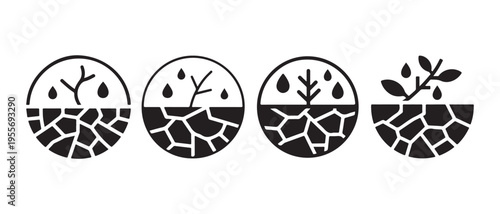 Plant growth progression from drought to thriving, watered on cracked earth, modern flat design vector illustration.