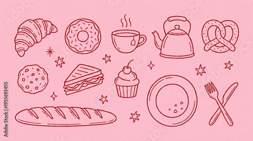 Delicious coffeehouse snack illustrations on pink background with croissants donuts sandwiches cupcakes and utensils