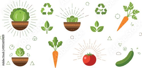 Organic vegetable farming concept with carrot tomato cucumber and eco recycling symbols vector illustration set
