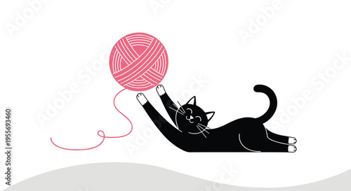 Black cat playing with pink yarn ball vector illustration isolated on white background for pet care and hobby concepts