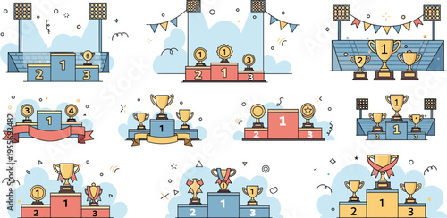 Winners podium and trophy vector set with first second third place awards stages medals and celebration elements for competition design