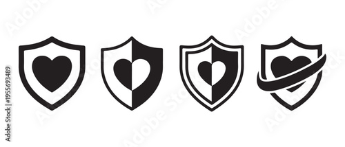 Heart and Shield Icon Set. for Protection, Health, and Love Concepts, Flat Design Vector Illustration.