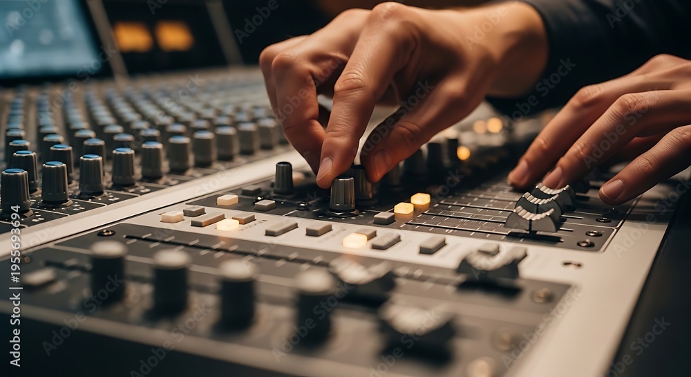 Fototapeta premium Close-up of a person's hands skillfully adjusting knobs and faders on a professional audio mixing console in a studio.