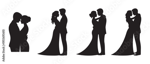 Black silhouettes of romantic wedding couples embracing, celebrating love, in flat design vector illustration.