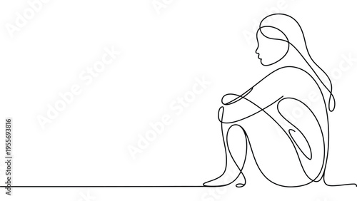 minimal continuous line drawing of sad woman sitting alone depression mental health concept female outline illustration isolated background