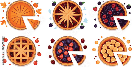 Top view pie collection with fruit fillings including berry apple and citrus desserts bakery vector illustration set