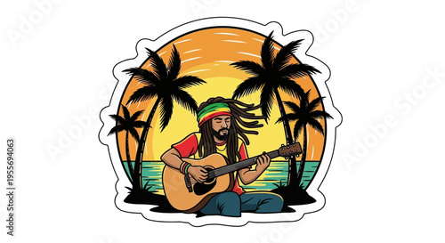 Reggae musician plays guitar on a tropical beach at sunset.
