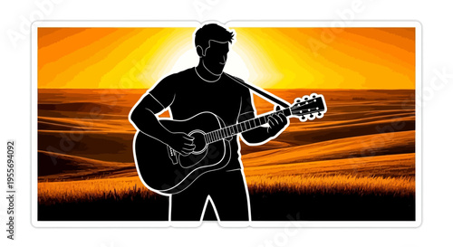 Silhouette of a man playing guitar against a vibrant sunset