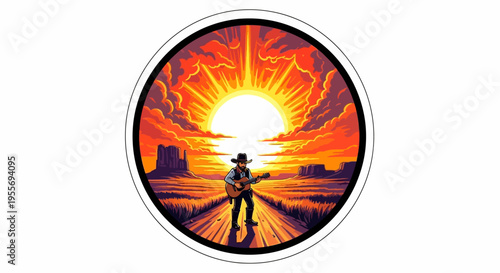 A lone cowboy playing guitar on a desert road at sunset.