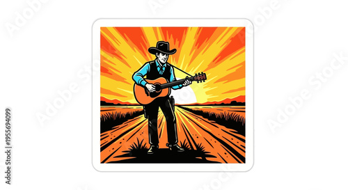 Cowboy plays guitar at sunset