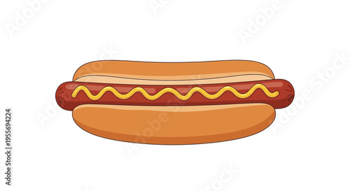Cartoon illustration of a tasty hot dog with mustard in a bun isolated on white