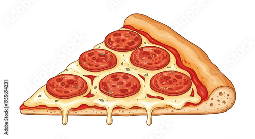 Slice of pepperoni pizza with melted cheese isolated on white background