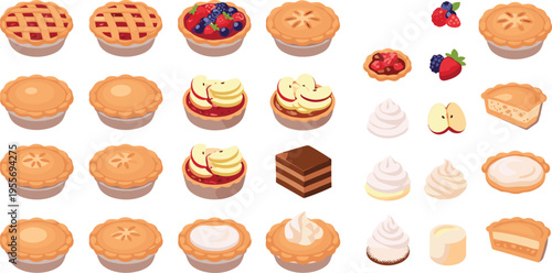 Assorted pie desserts and pastries collection with fruit toppings cream and cakes bakery vector illustration set
