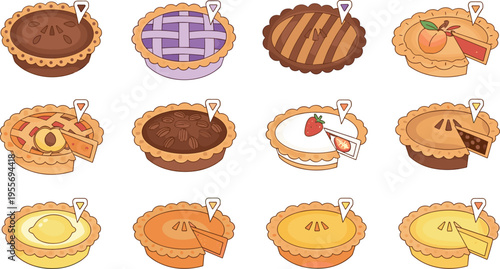 Pie icons collection with different dessert flavors sliced pastries bakery food top view vector illustration set