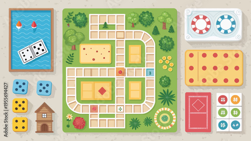 A colorful illustration of a board game with various game pieces and accessories