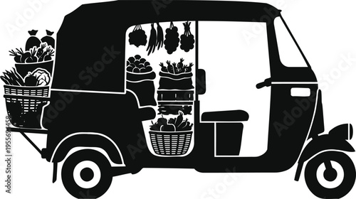 Bustling Mobile Market Auto Rickshaw Silhouette Transporting Fresh Produce and Goods for Urban Street Vendors