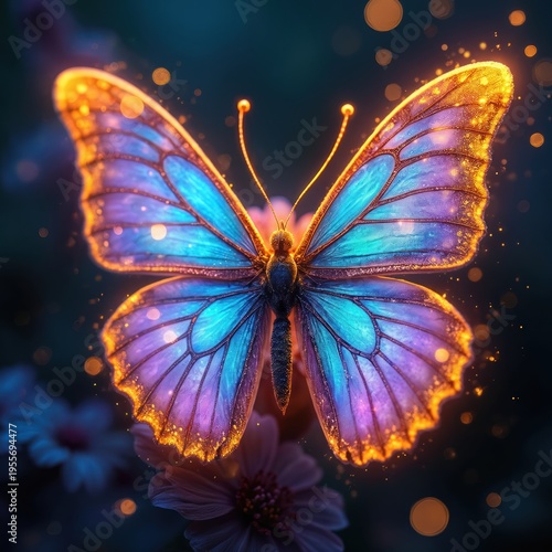 Magical blue butterfly with glowing wings sits on pink flower. Fantasy insect glows with orange light particles. Enchanted nature scene at night.