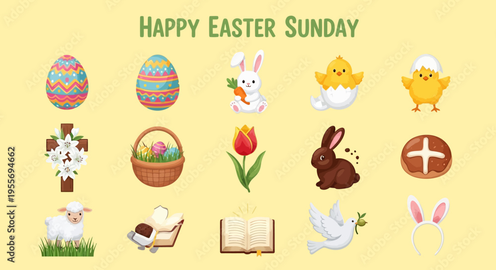 Fototapeta premium Festive Easter illustrations with colorful eggs, cute bunnies, chicks, religious crosses, and traditional symbols for holiday celebration designs