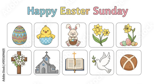 Vibrant collection of cheerful Easter Sunday icons, featuring traditional religious symbols, charming spring characters, decorated eggs, and festive elements for celebration