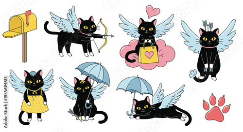 Kawaii black cat cupid sticker vector set with love and heart icons for Valentine's Day stationery design