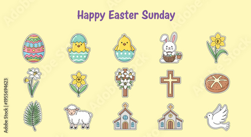A cheerful collection of festive Easter Sunday celebration icons, featuring traditional symbols like eggs, bunnies, chicks, flowers, and religious elements for holiday greetings