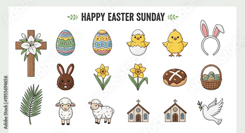 Happy Easter Sunday icons eggs, bunnies, chicks, crosses, and spring symbols