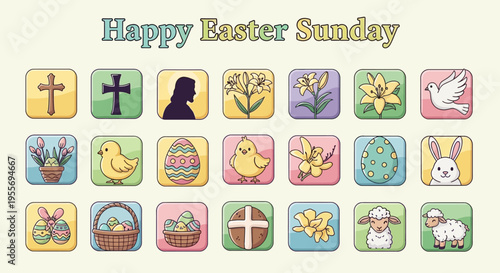 Happy Easter Sunday icons set, symbolizing resurrection and new life with Christian and spring themes like crosses, lilies, chicks, and bunnies