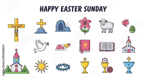Happy Easter Sunday icons with religious symbols like the cross, church, dove, and Easter egg, celebrating resurrection and spring renewal