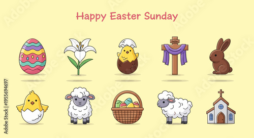 Joyful Easter Holiday Celebration Icon Set Featuring Spring Bunnies, Chicks, Decorated Eggs, Lilies, and Christian Cross Graphics for Seasonal Designs