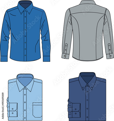 Men formal shirt vector illustration set front back and folded views stylish office wear clothing collection design