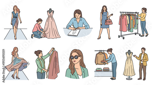 Collection of flat vector illustrations depicting various fashion industry professions and activities, including designing, modeling on a runway, sewing, and styling clothes