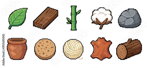 Collection of pixel art crafting material icons featuring natural resources like wood, stone, cotton, and leather, designed as game assets in a classic 8-bit video game aesthetic