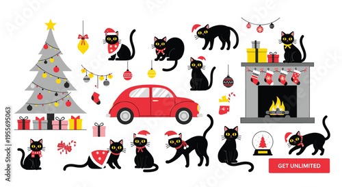 Minimalist Nordic Christmas black cat vector set with minimalist fireplace and berry garlands for winter card design