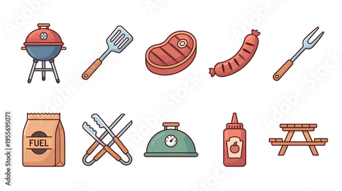 Collection of barbecue and grilling icons featuring a kettle grill, steak, sausage, spatula, tongs, fuel, ketchup, and a picnic table in a flat cartoon vector illustration style