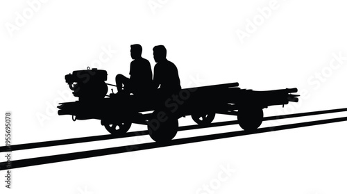 Silhouette of a vintage railway vehicle with two passengers on tracks, symbolizing classic rail transport and maintenance
